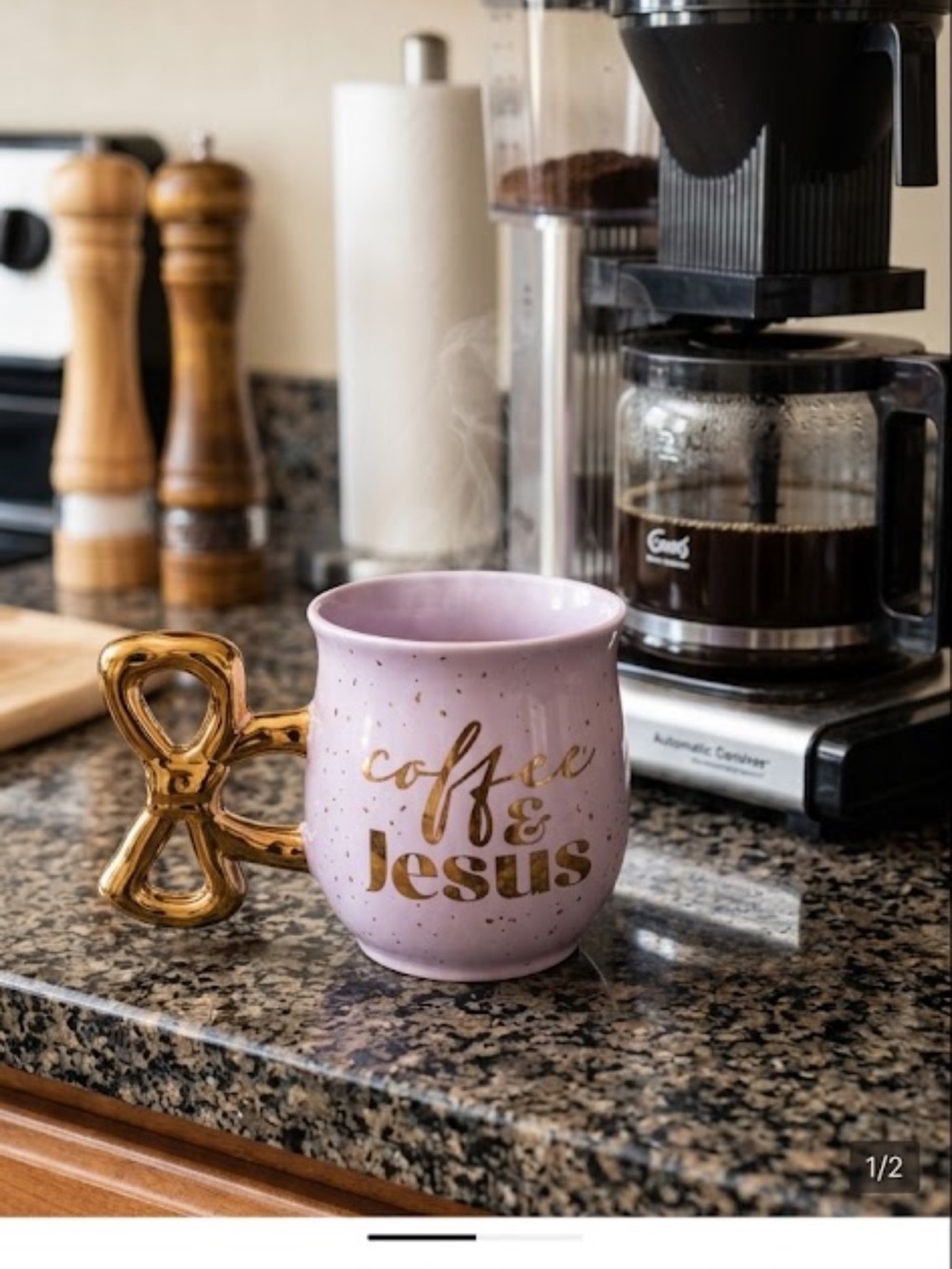 Coffee & Jesus Lavender Ceramic Mug with Gold Handle